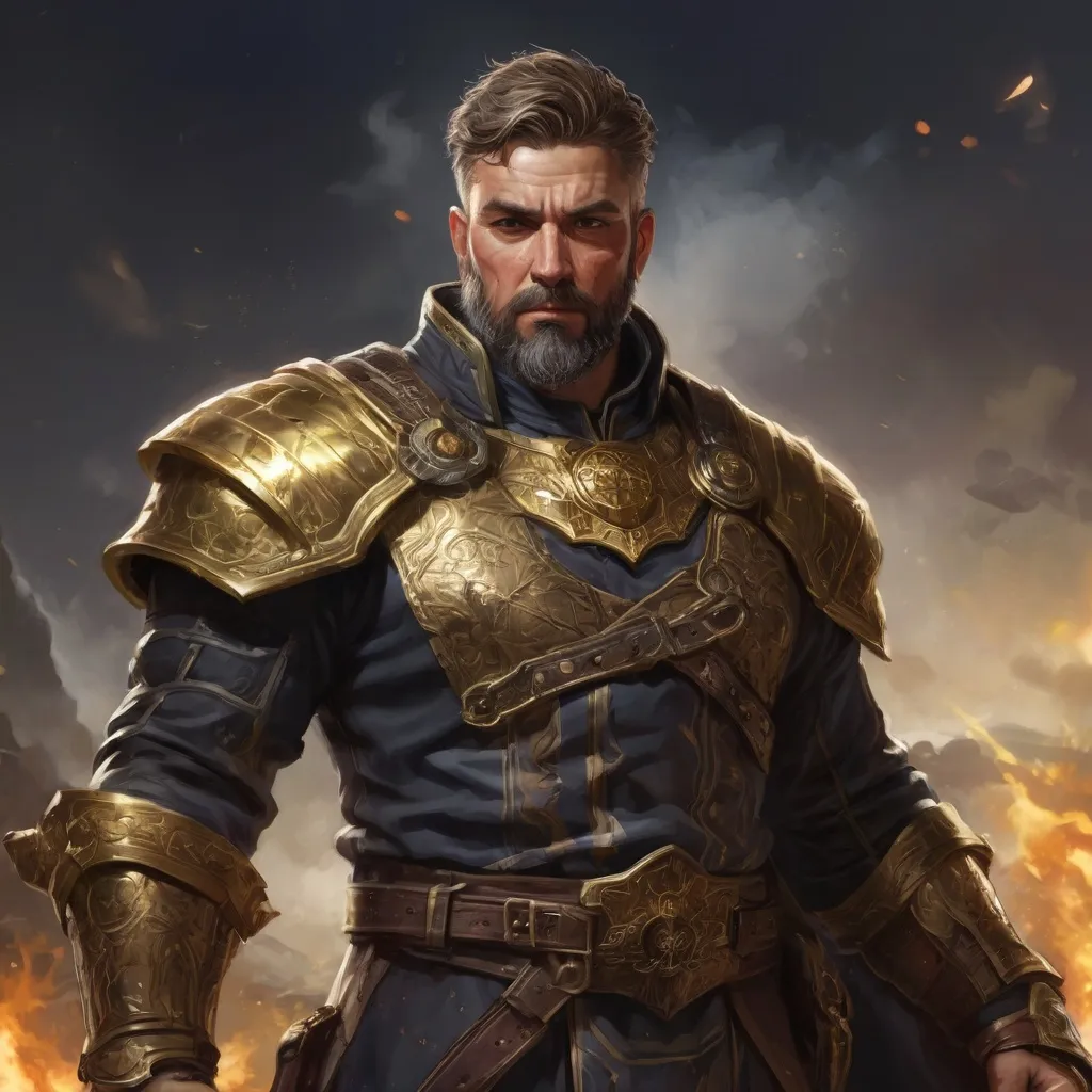 Prompt: Male stocky heavy-set mature illutionist with short-cut hair and beard, on a battlefield, in combat, casting a gold-spell, pathfinder, d&d setting, in a realistic high quality digital art style, enhanced shadow quality