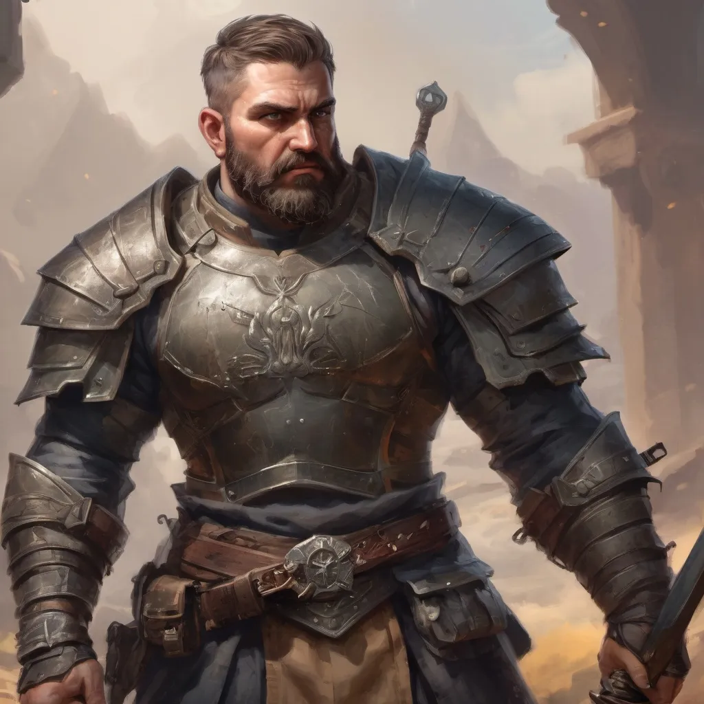 Prompt: Male stocky heavy-set mature muscular guardian with short-cut hair and beard, on a battlefield, in combat, holding a sword, pathfinder, d&d setting, in a realistic high quality digital art style, enhanced shadow quality, colorful