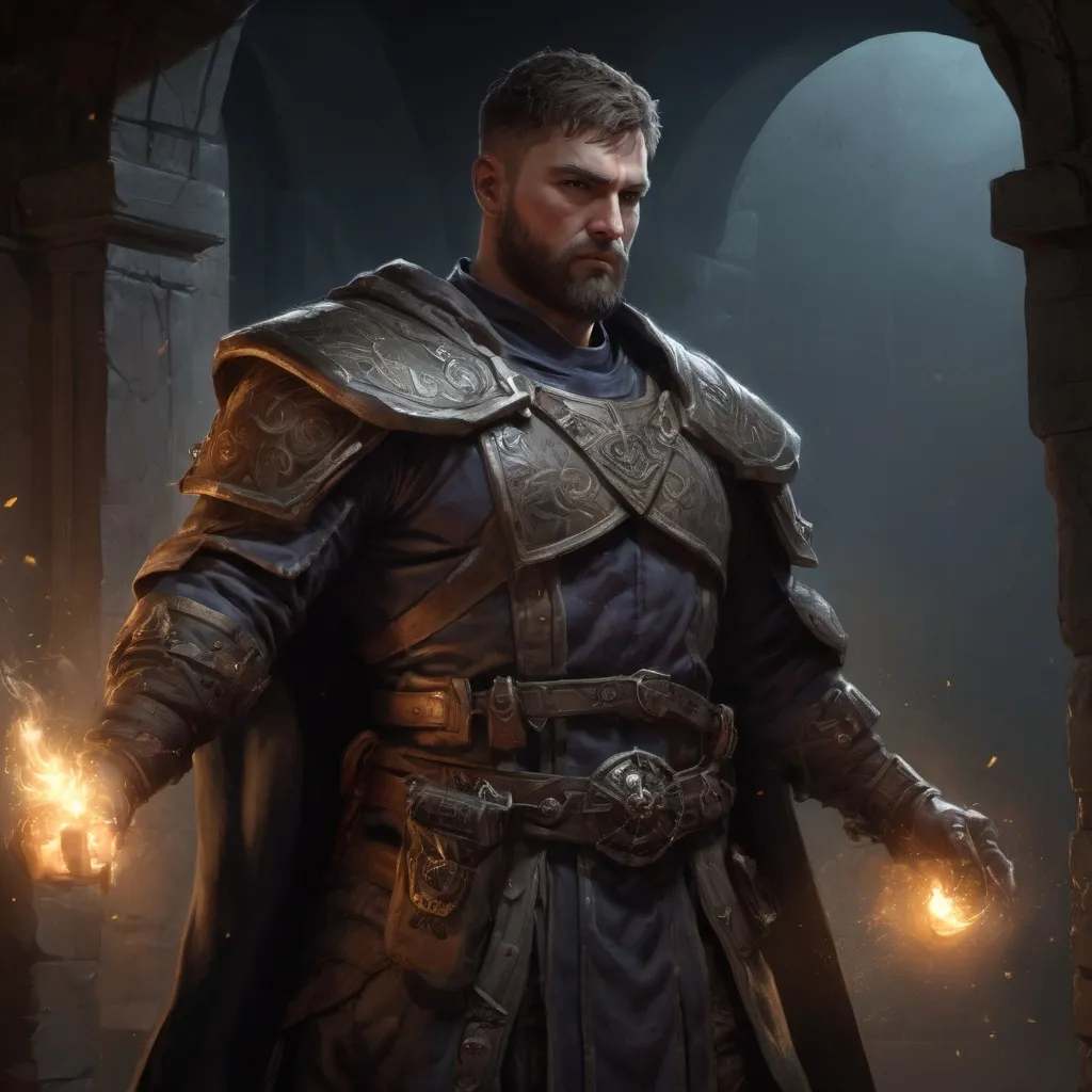 Prompt: Male stocky large muscular warlock with short-cut hair and beard, exploring a dark trasure room, pathfinder, d&d setting, realistic, enhanced shadow quality