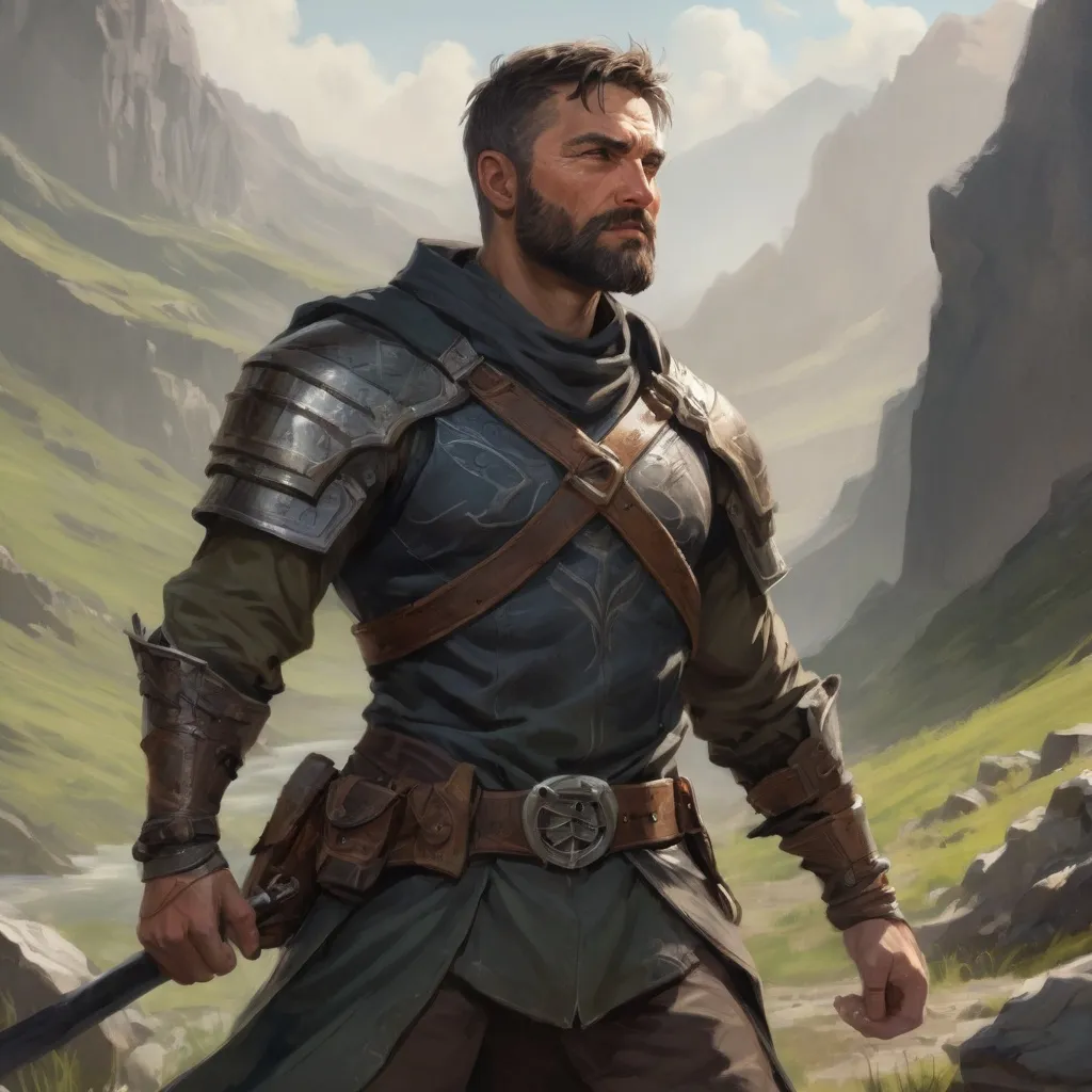 Prompt: Male heavy-set mature ranger-warrior with short-cut hair and beard, in a windy valley, pathfinder, d&d setting, enhanced shadow quality