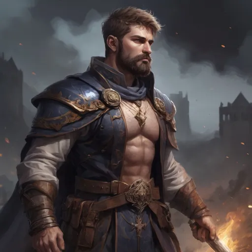 Prompt: (Full body) male stocky masculine manly hunky royal cleric with short hair and beard, hairy chest, in a dark battle field, pathfinder, d&d setting, in a realistic high quality digital art style