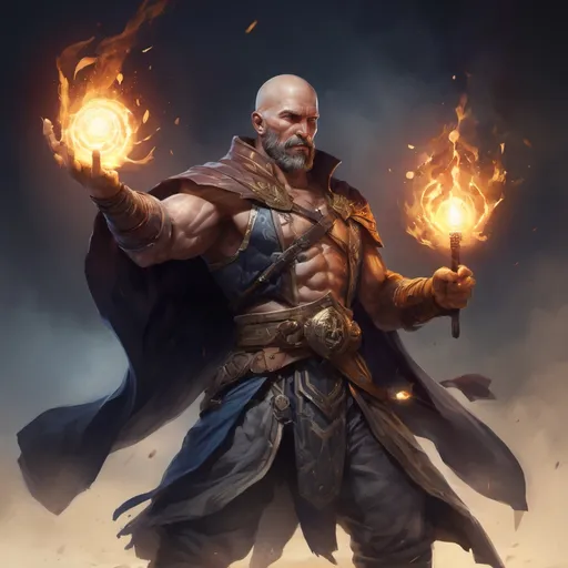 Prompt: Male stocky mature muscular battlemage with short-cut hair and beard, on a battlefield, in combat, Casting a spell, pathfinder, d&d setting, in a realistic high quality digital art style, enhanced shadow quality, colorful