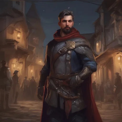 Prompt: (Full body) male manly stocky noble royal guard with dark short-cut hair and beard, in small village at night, pathfinder, d&d setting, in a realistic digital art style