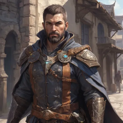 Prompt: (Torso and head) Male stocky scruffy beefy 39-year old mage with short-cut hair and beard, big pectorals holding a magic staff in movement, in a fantasy town-street, pathfinder, d&d setting, enhanced shadow quality, in a digital art style