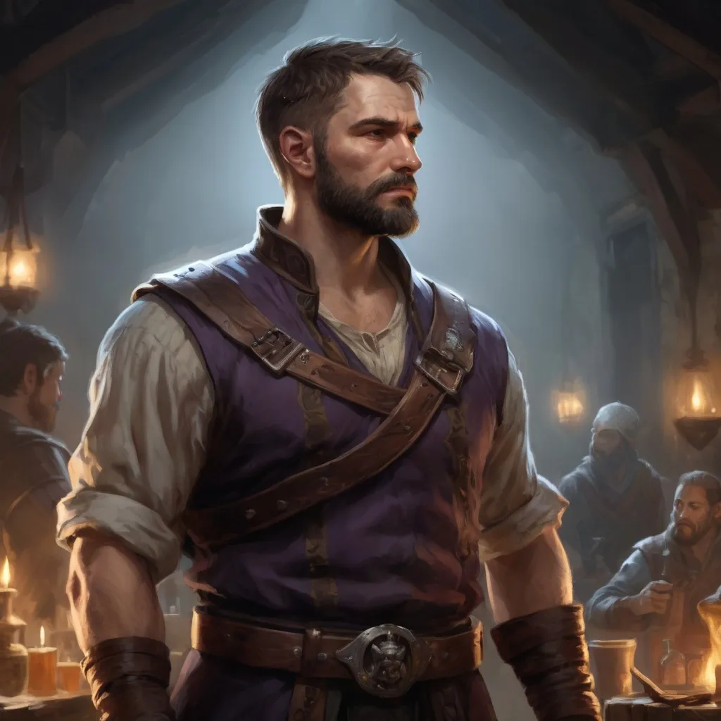 Prompt: Male stocky large muscular royal bard with short-cut hair and beard, exploring a dark tavern room, pathfinder, d&d setting, realistic, enhanced shadow quality