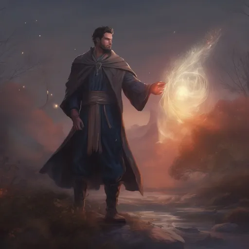 Prompt: (Full body) male stocky young magical sorcerer with short-cut hair and beard, casting a magical spell, in nature in the dark, cloak, pathfinder, d&d setting, in a realistic digital art style