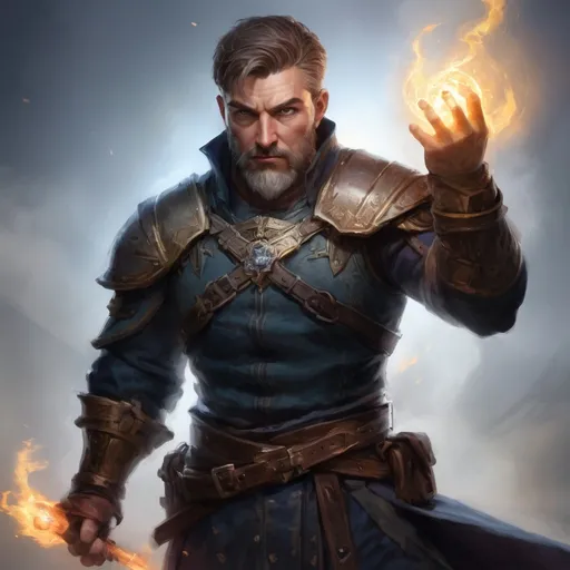 Prompt: (torso) Male stocky large mature fit battle-mage with short-cut hair and beard, engaged in combat casting a light-spell in movement, pathfinder, d&d setting, realistic, enhanced shadow quality