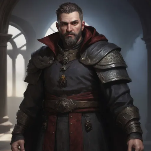 Prompt: Male stocky large royal magus with short-cut hair and beard, exploring a dark trasure room, pathfinder, d&d setting, realistic, enhanced shadow quality