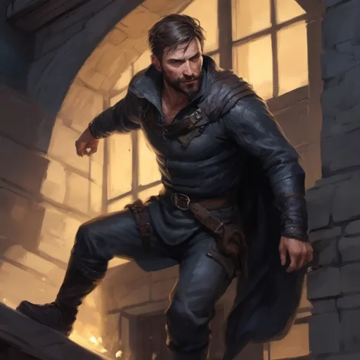 Prompt: (torso) Male heavy-set mature fit thief with short-cut hair and beard, climbing on a wall of a mansion at night, in movement, windy, pathfinder, d&d setting, enhanced shadow quality
