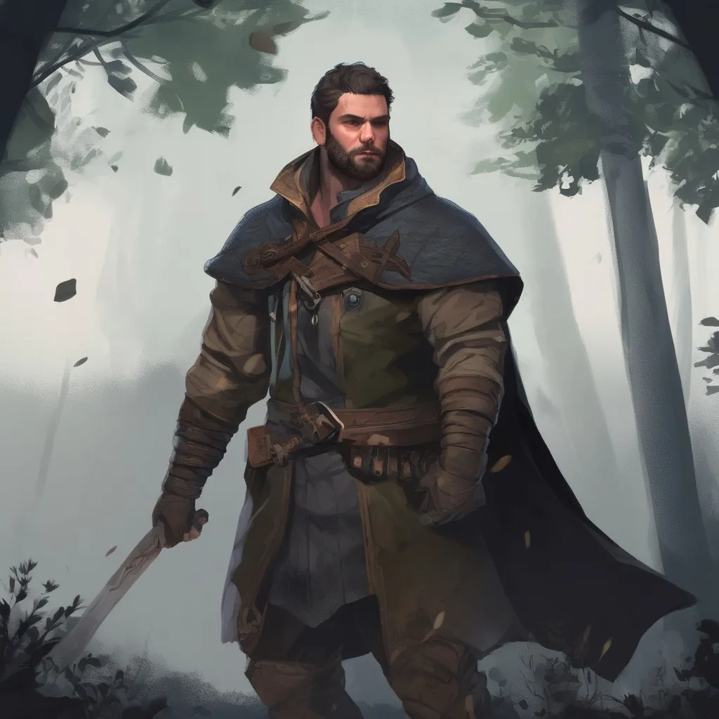 Prompt: (Full body) male stocky fighter with short-cut hair and beard, in nature in the dark, cloak, pathfinder, d&d setting, in a realistic digital art style