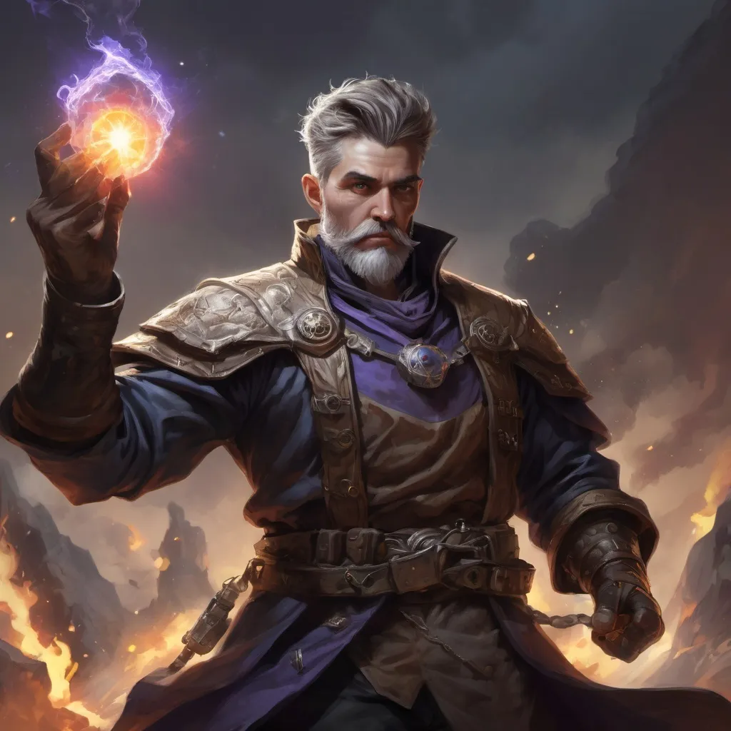 Prompt: Male stocky heavy-set mature arcane-alchemist with short-cut hair and beard, on a battlefield, in combat, holding a astral-bomb, pathfinder, d&d setting, in a realistic high quality digital art style, enhanced shadow quality, colorful