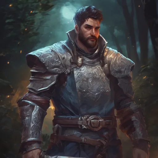 Prompt: (Full body) male manly stocky holy paladin with dark short-cut hair and beard, in nature at night, pathfinder, d&d setting, in a realistic digital art style