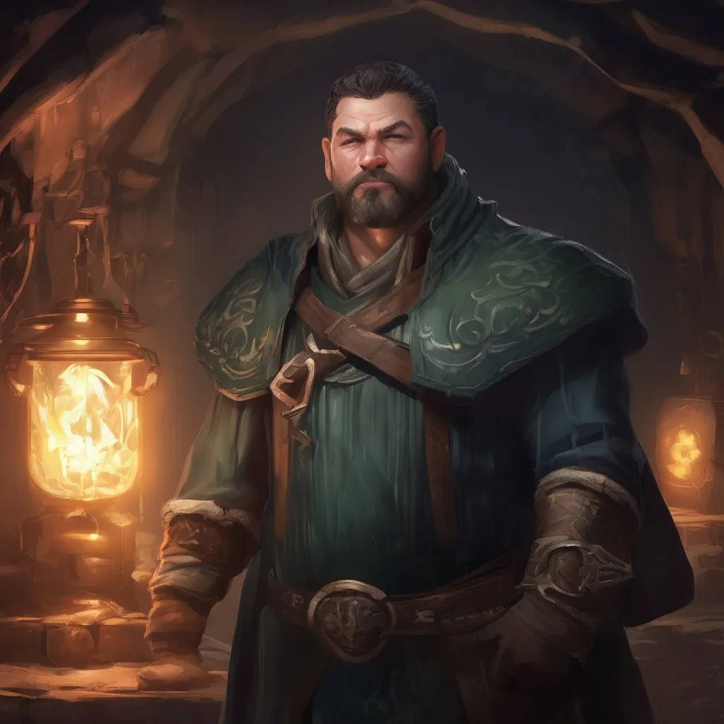 Prompt: (Full body) male stocky middle-aged magical artificer with black short-cut hair and beard, in a dark underground, pathfinder, d&d setting, in a realistic digital art style