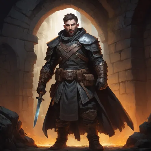 Prompt: Male stocky large rogue with short-cut hair and beard, dark armour, exploring a dungeon , pathfinder, d&d setting, in a realistic high quality digital art style, enhanced shadow quality, colorful