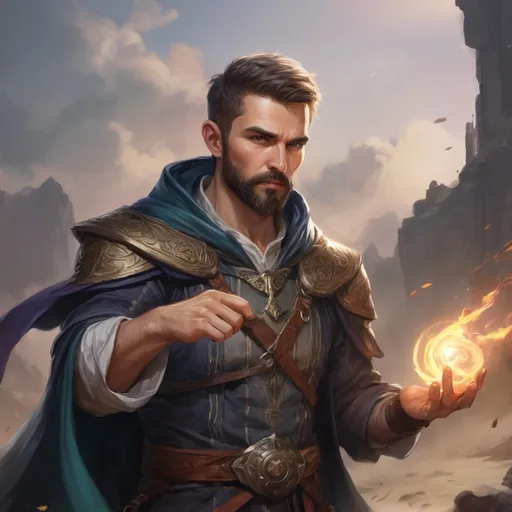 Prompt: Male large mature handsome battlemage with short hair and beard, casting a wind-spell out of hands on a battlefield, pathfinder, d&d setting, in a realistic high quality digital art style, enhanced shadow quality, colorful