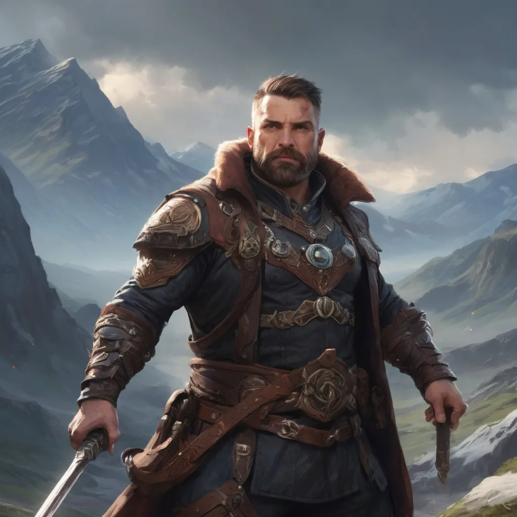 Prompt: Male heavy-set fit fat beefy 37-year old hunky oracle with short-cut hair and beard, holding magic fantasy-weapon, on a windy mountain field, pathfinder, d&d setting, enhanced shadow quality