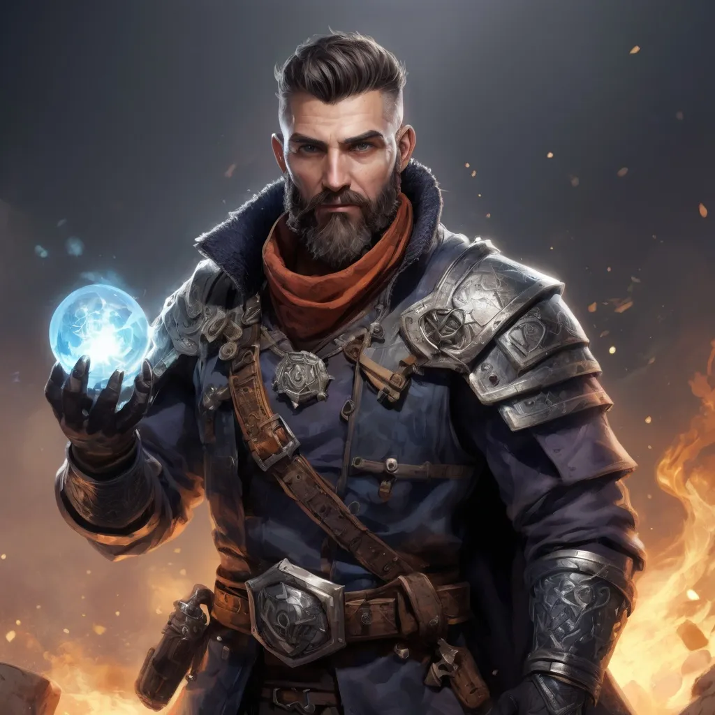 Prompt: Male stocky heavy-set mature arcane-alchemist with short-cut hair and beard, on a battlefield, in combat, holding a frostbomb, pathfinder, d&d setting, realistic high quality, enhanced shadow quality, colorful