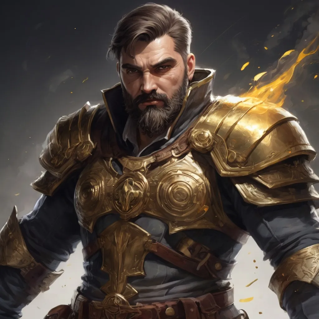 Prompt: Male stocky heavy-set mature illutionist with short-cut hair and beard, on a battlefield, in combat, casting a gold-spell, pathfinder, d&d setting, in a realistic high quality digital art style, enhanced shadow quality