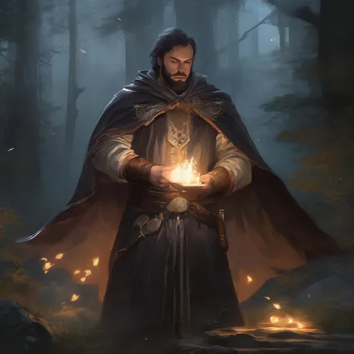 Prompt: (Full body) male stocky young magical Cleric with short-cut hair and beard, casting a magical healing spell, in nature in the dark, cloak, pathfinder, d&d setting, in a realistic digital art style