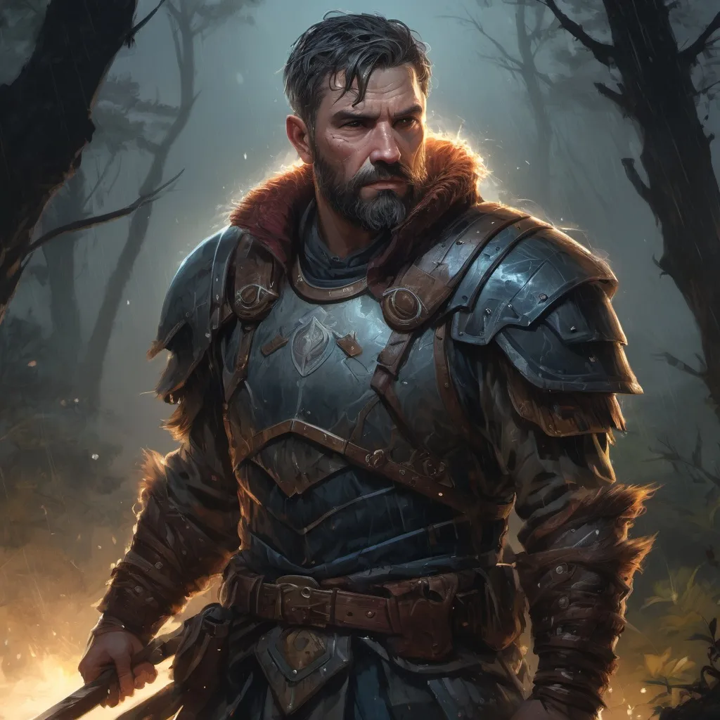 Prompt: Male stocky hairy mature warrior in  a breastplate, with short hair and beard, in a dark thicket by a battlefield at night in a rainstorm, pathfinder, d&d setting, in a realistic high quality digital art style, enhanced shadow quality, colorful