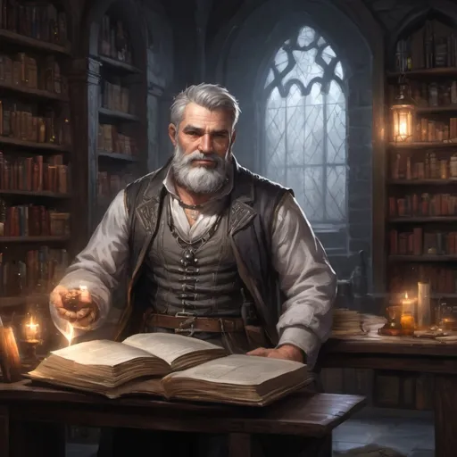 Prompt: a stocky fat male alchemist with short grey hair and beard, hairy chest, open shirt,  in a dark labratory with bookshelves, d&d setting, pathfinder, realistic art style, enhanced shadow quality