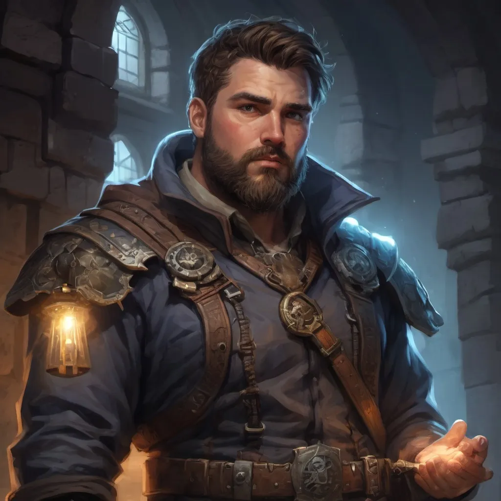 Prompt: Male stocky heavy-set fat magical engineer with short-cut hair and beard, inside a temple dungeon at night, pathfinder, d&d setting, in a realistic high quality digital art style, enhanced shadow quality