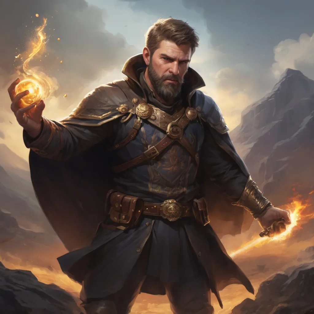 Prompt: Male stocky heavy-set mature illutionist with short-cut hair and beard, on a battlefield, in combat, casting a gold-spell, pathfinder, d&d setting, in a realistic high quality digital art style, enhanced shadow quality