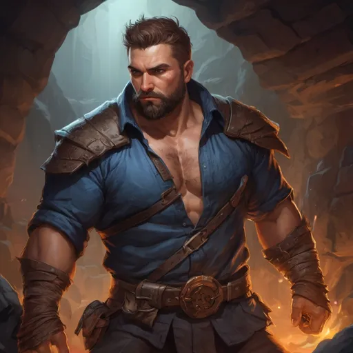 Prompt: Male stocky heavy-built warrior with short-cut hair and beard, open shirt hairy chest, with a big belly, inside a cavern dungeon at night, pathfinder, d&d setting, in a realistic high quality digital art style, enhanced shadow quality