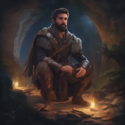 Prompt: (Full body) male handsome large magical champion with short hair and beard, outside of a cave by a forest at night, pathfinder, d&d setting, in a realistic high quality digital art style