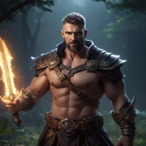 Prompt: male stocky muscular mature summoner with short hair and beard, holding fantasy-weapon, in nature at night, pathfinder, d&d setting, Realistic, Enhanced shadow and light quality