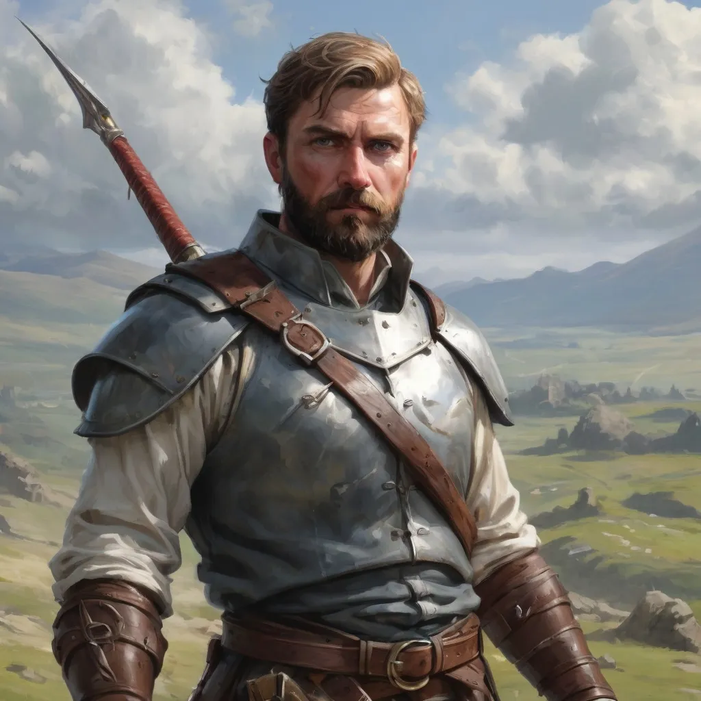 Prompt: Male heavy-set mature fit large scottish Pikeman with short-cut hair and beard, holding fantasy-weapon , in a windy battlefield, pathfinder, d&d setting, enhanced shadow quality