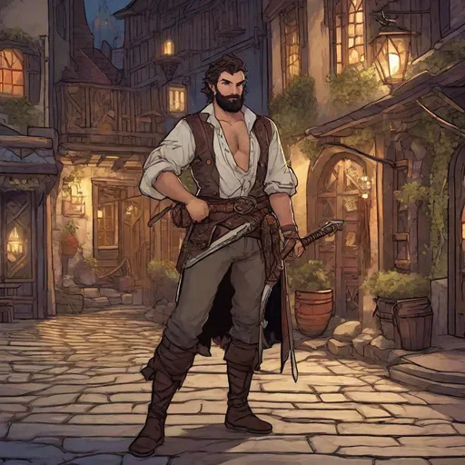 Prompt: (Full body) A male short-haired bard with open shirt hairy chest and short beard holding a crossbow one hand big nose, manly, dungeons and dragons fantasy setting, night time in a town street, in a painted style