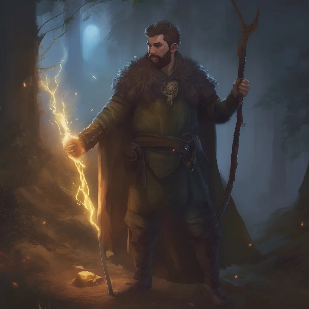 Prompt: (Full body) male stocky druid with short-cut hair and beard, holding magical tree staff, in a forest at night, leaf-shoulderguards, cloak, heavy belt, pathfinder, d&d setting, in a realistic digital art style