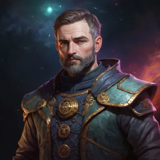 Prompt: Male stocky large mature irish transmuter with short-cut hair and beard, exploring a dark astral plane, pathfinder, d&d setting, in a realistic high quality digital art style, enhanced shadow quality, colorful