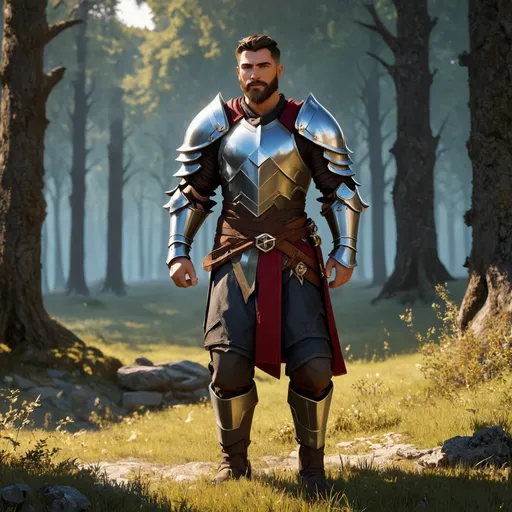 Prompt: (Full body) male paladin with a short hair and beard, belt and pants, standing outside of a dark forest, pathfinder, d&d setting, in a digital art style