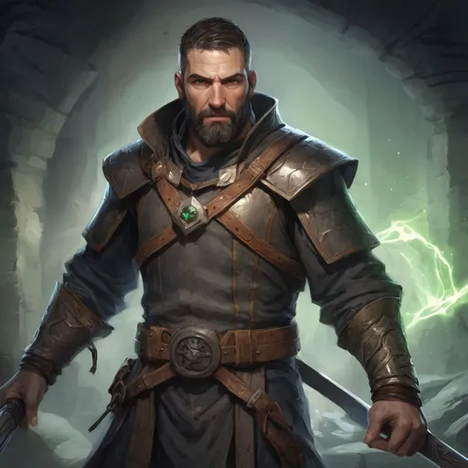 Prompt: (torso) Male stocky large fit 37-year old battle mage with short-cut hair and beard, casting a magic-ray out of hands in a underground dungeon, pathfinder, d&d setting, in a realistic high quality digital art style, enhanced shadow quality, colorful