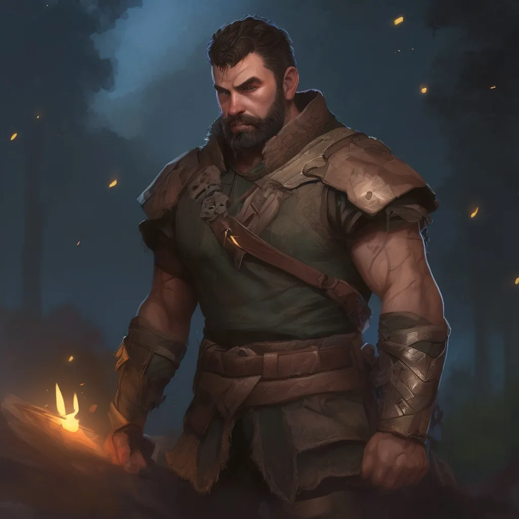 Prompt: (Full body) male stocky martial fighter with hairy chest and short hair and beard, in nature at night, pathfinder, d&d setting, in a realistic digital art style