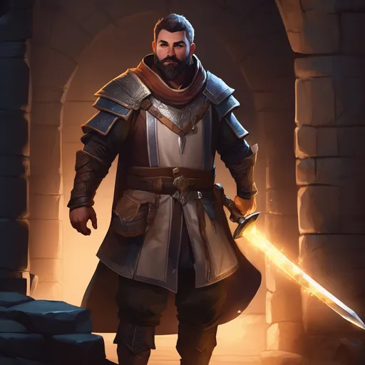 Prompt: (Full body) male magical stocky cleric with short hair and beard, in a dark dungeon, pathfinder, d&d setting, in a realistic digital art style