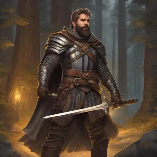 Prompt: (Fullbody) male adult rogue manly face short-hair grey stripes, bearded, leather armor, open shirt, heavy belt , swirly magic, brown boots, cloak, pathfinder, dungeons and dragons, outside a town by a forest at night, holding a weapon, in a painted style, realistic