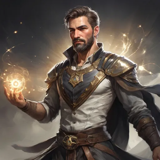 Prompt: (torso) Male stocky large fit 37-year old eidolon-summoner with short-cut hair and beard, casting a magic-ray out of hands in a windy path, pathfinder, d&d setting, in a realistic high quality digital art style, enhanced shadow quality, colorful
