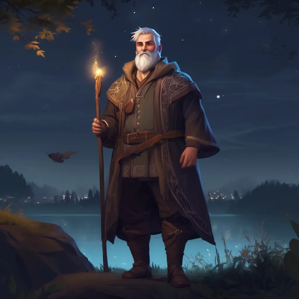 Prompt: (Full body) male stocky magical norwegian magus with short hair and beard, in nature at night, pathfinder, d&d setting, in a realistic digital art style