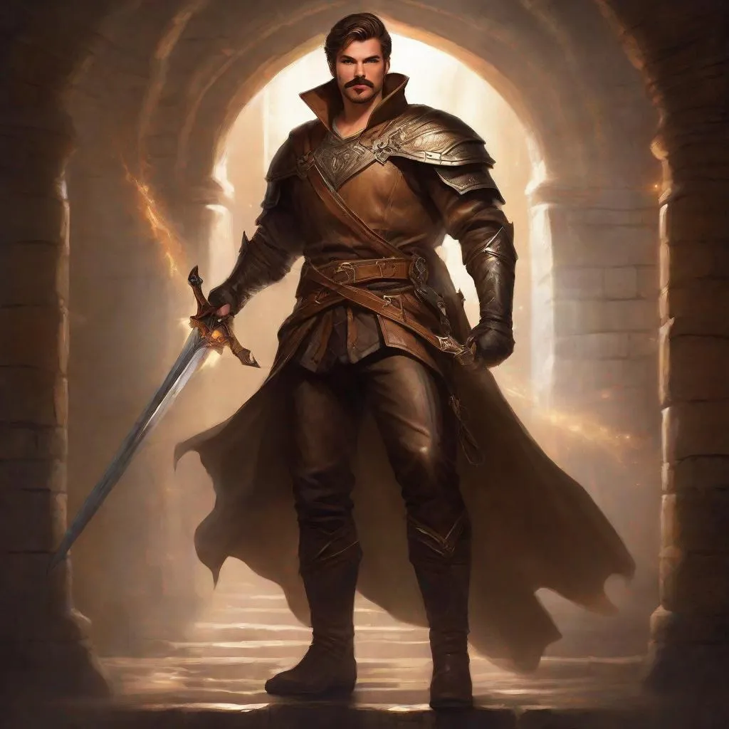 Prompt: (Full body) a male summoner with mustache and stubble light-brown short-cut hair, handsome manly face, belt, boots, leather pants, holding a sword, standing in a dark dungeon, fantasy setting, dungeons & dragons, in a painted style realistic art