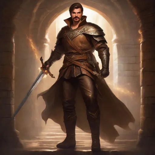 Prompt: (Full body) a male summoner with mustache and stubble light-brown short-cut hair, handsome manly face, belt, boots, leather pants, holding a sword, standing in a dark dungeon, fantasy setting, dungeons & dragons, in a painted style realistic art