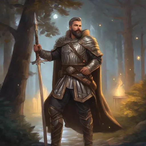 Prompt: (Fullbody) male mature pakadin manly face short-hair grey stripes, bearded, armor, open shirt, heavy belt , swirly magic, brown boots, cloak, pathfinder, dungeons and dragons, outside a town by a forest at night, holding a weapon, in a painted style, realistic
