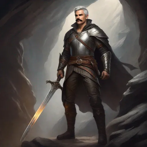 Prompt: (Full body) a fighter with mustache and stubble grey short-cut hair, belt, boots, leather pants, holding a sword, standing in a dark cavern, fantasy setting, dungeons & dragons, in a painted style realistic art