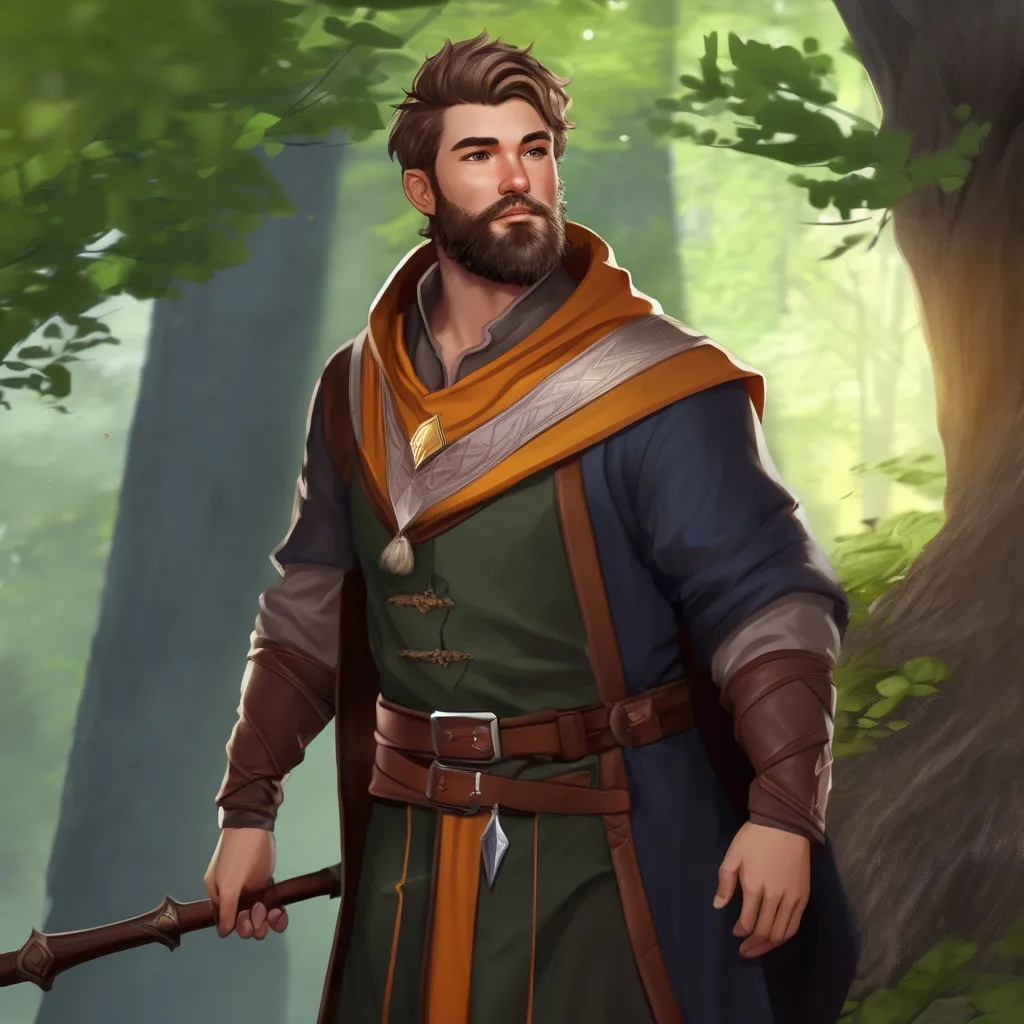 Prompt: (Full body) male stocky young wizard with short hair and beard, hairy-chest, in nature, pathfinder, d&d setting, in a realistic digital art style