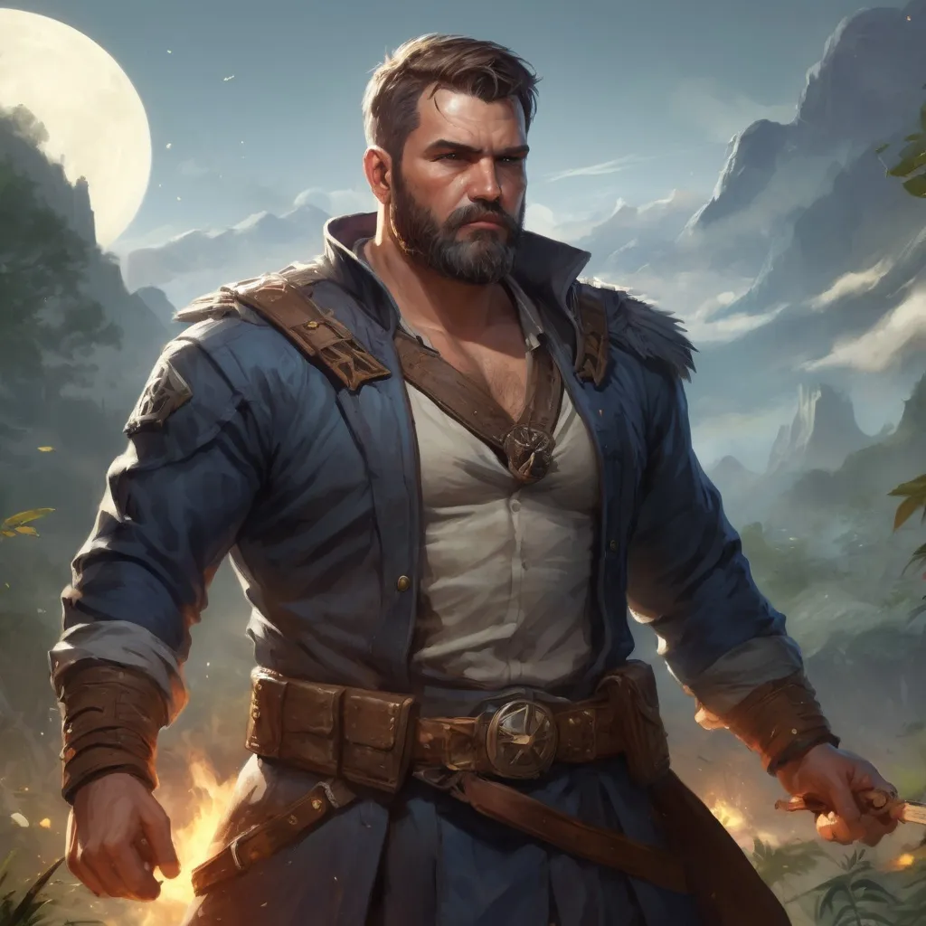 Prompt: Male stocky large fat templar with short-cut hair and beard, open shirt hairy chest, in combat casting a magic-ray out of hands in nature at night, pathfinder, d&d setting, in a realistic high quality digital art style, enhanced shadow quality, colorful