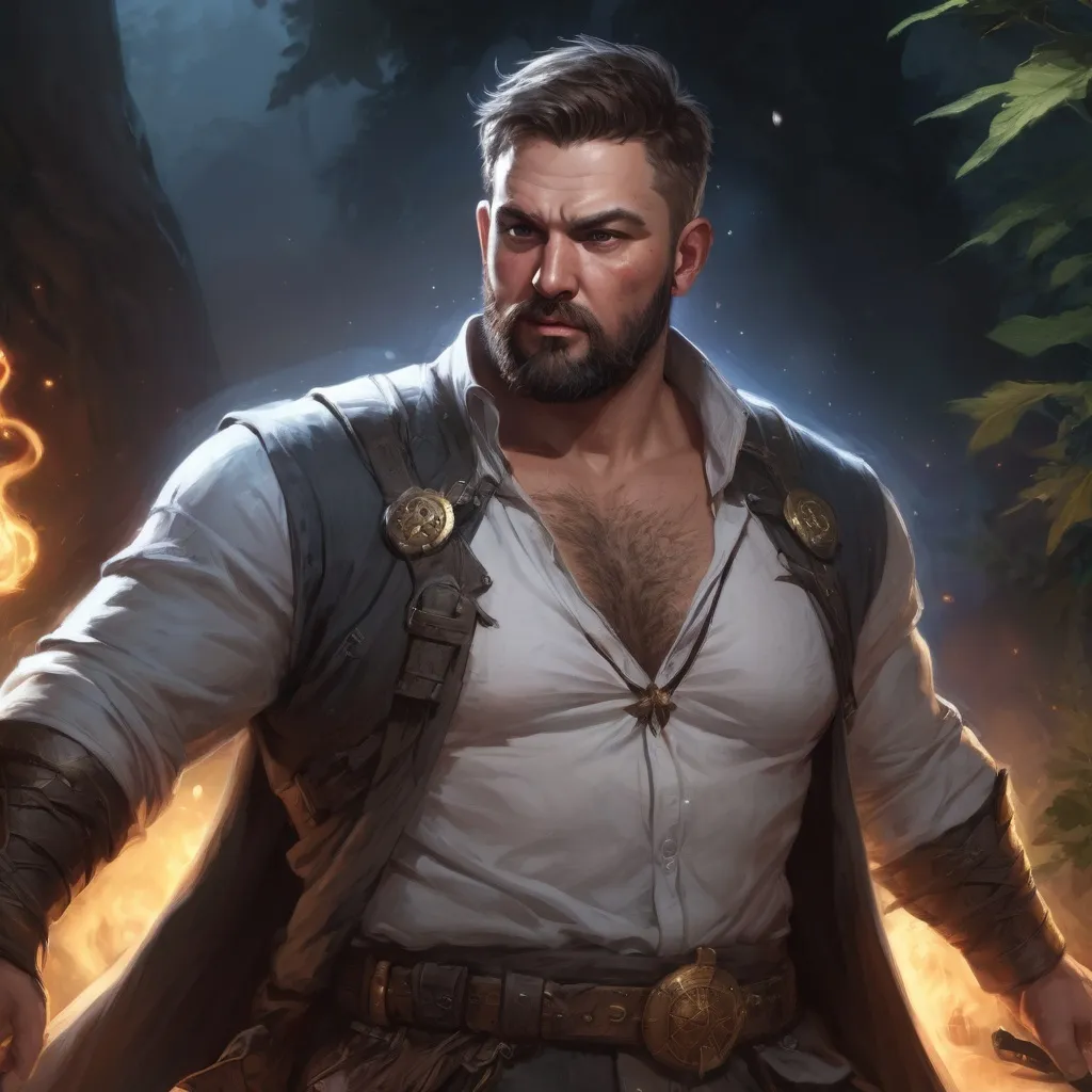 Prompt: Male stocky large fat templar with short-cut hair and beard, open shirt hairy chest, in combat casting a magic-ray out of hands in nature at night, pathfinder, d&d setting, in a realistic high quality digital art style, enhanced shadow quality, colorful