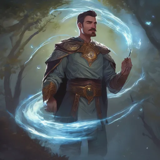 Prompt: (Full body) male stocky young muscular cleric with short-cut hair and a mustache, casting a swirly astral-spell, in nature at night pathfinder, d&d setting, in a realistic digital art style