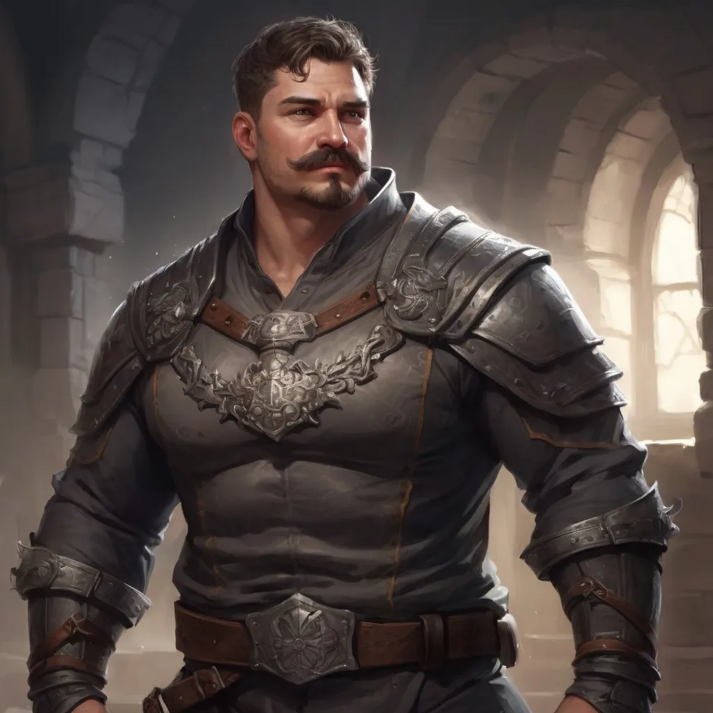 Prompt: (Full body) male stocky masculine manly fat guard with short hair and mustache, hairy chest, in a dark castle, pathfinder, d&d setting, in a realistic high quality digital art style